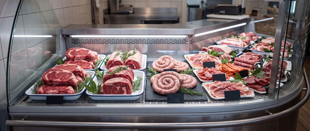 Vitrine réfrigérée d'une boucherie avec pièces de bœuf, saucisses et charcuterie tranchée sur des plateaux